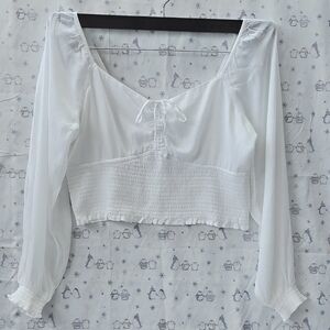 Hollister White Long-Sleeve Smocked V-Neck Crop Top
